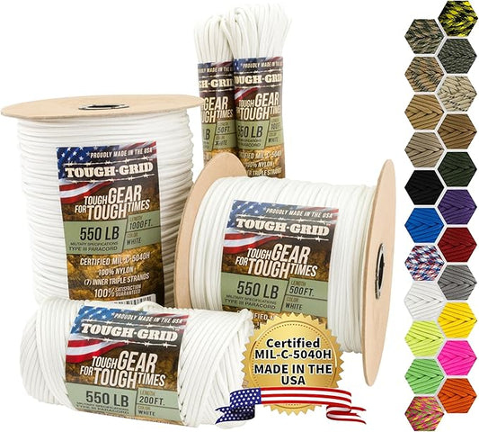 TOUGH-GRID Premium White Paracord 550 lbs Made in USA Outdoor Survival Nylon Rope Tactical Heavy Duty Strands Parachute Cord Used by US Military Type III Mil-Spec
