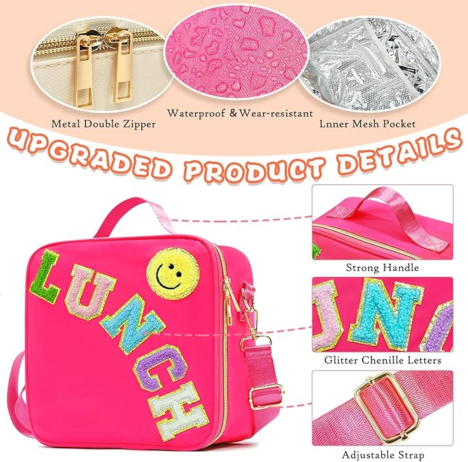 Insulated Lunch Bag Women Lunch Box Kids for Teen Girls Boys, Cute Preppy Lunch Boxes With Adjustable Shoulder Strap, Waterproof Nylon Lunchbox Lunch Bags for School Work Picnic (Rose Red)