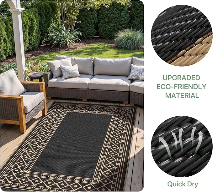 GENIMO Outdoor Rug Waterproof 9'x12' for Patio, Foldable Reversible Plastic Straw Carpet for Travel Trailers, Outside Area Mat for Rv, Deck, Picnic, Porch, Camper, Balcony, Beach, Black & Brown