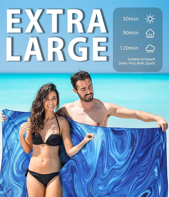 Microfiber Beach Towel – Quick Dry Lightweight Sand Free Oversized Large Towel Accessories Travel Must Swim Pool Yoga Camping Summer Cruise Ship Essentials Compact Sandproof Gift Blue Marble(71" 32")