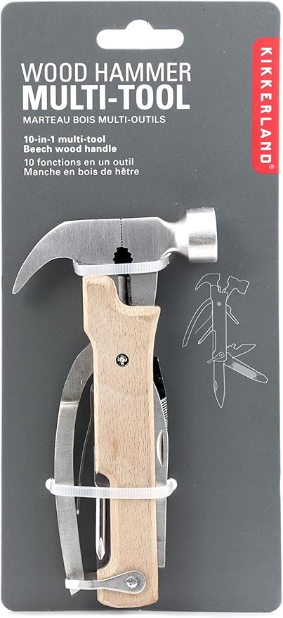 Kikkerland 10 in 1 Pocket Compact EDC Gear Equipment Stainless Steel Multi-Tool, White, Wood Handle, for Outdoors, Camping Tool Accessories Survival