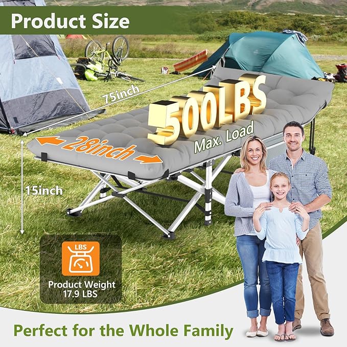 Slendor Camping Cot, Folding Camping Cots for Adults with Mattress, Portable Camping Bed, Sleeping Cot with Pillow & Carry Bag for Office Home Nap, Outdoor, Camping, Travel, Max Load 500lbs
