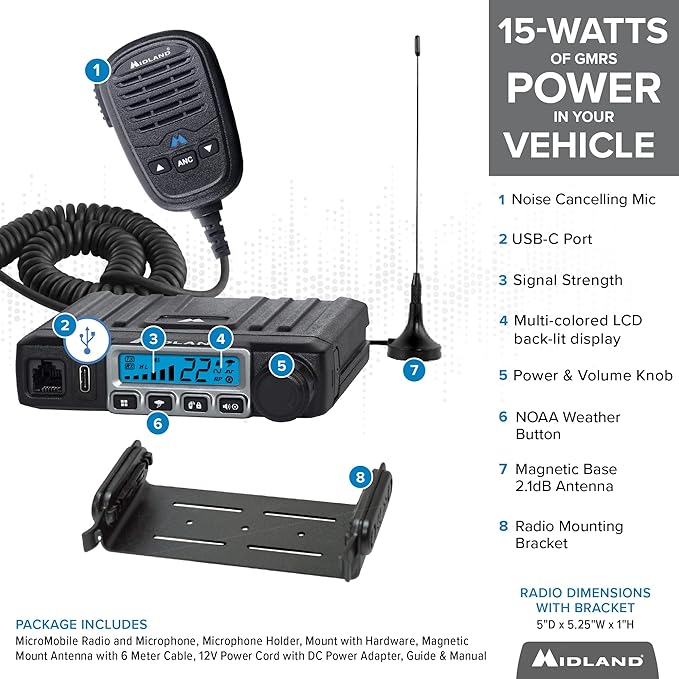Midland – MXT115 - 15 Watt GMRS MicroMobile Two Way Trails Radio - Off Roading Outdoor RZR Farm - 8 Repeater Channels Extended Range - External Magnetic Mount Antenna - NOAA Weather Alerts