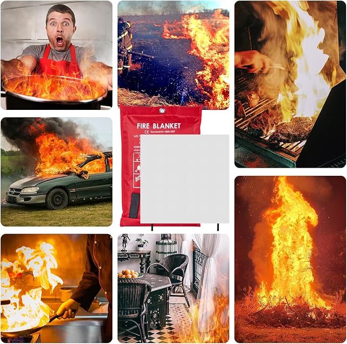 Emergency Fire Blanket 40" x 40" Fiberglass Fire Blanket Fire Suppression Blanket for Kitchen with Hooks Gloves Emergency Whistles Fireproof Blanket for Home Safety Camping (3)