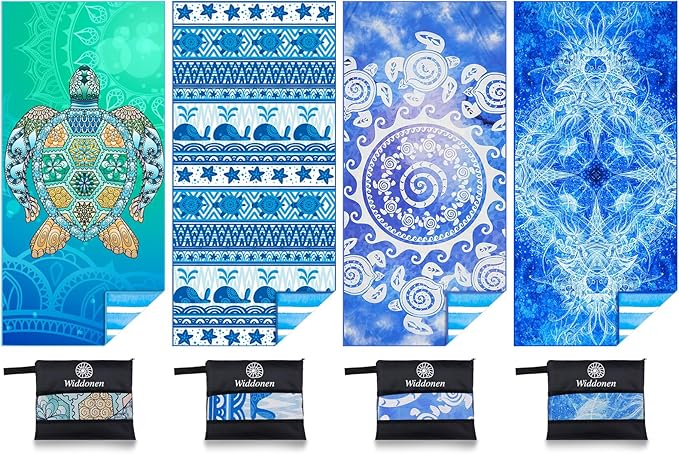 4 Pack Microfiber Thin Lightweight Beach Towel Sand Free Quick Dry Absorbent Compact Towels for Swimming Pool Camping Beach Accessories Large Easy Pack Travel Things for Vacation Essentials Adult Gift