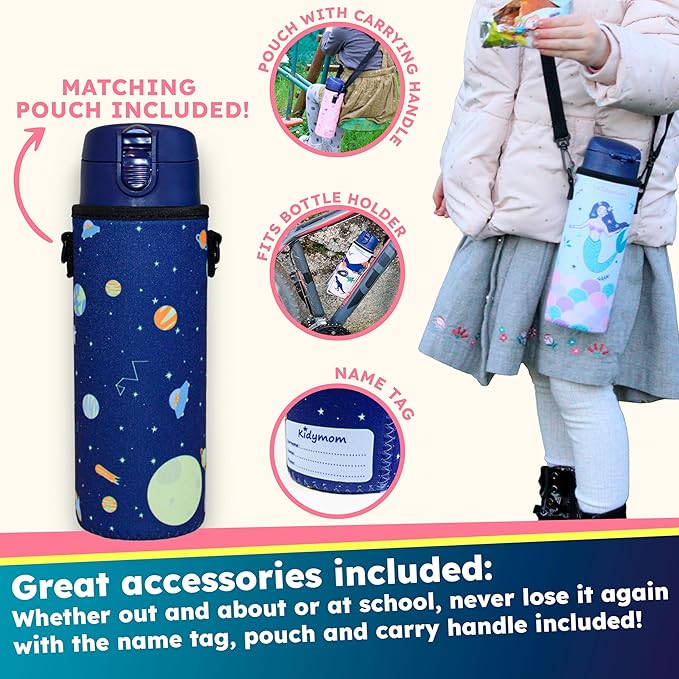 Stainless Steel Water Bottle Kids 12 oz With Carrying Pouch| Insulated Water Bottle For Kid, Toddler, Boys or Teen | Leakproof, BPA-Free | Little Metal Tumbler for School, Galaxy Space For Boy