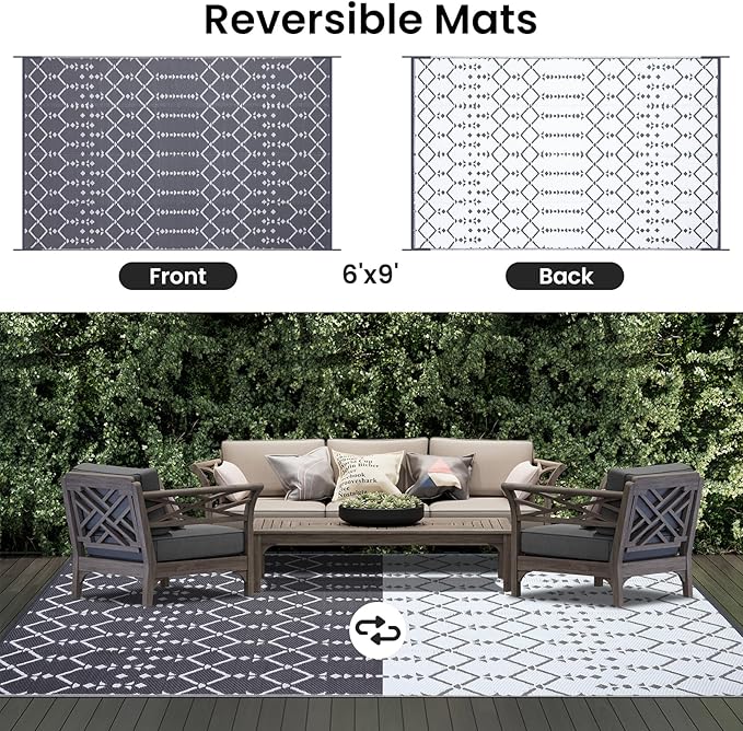 Smiry Outdoor Rug 6x9 ft, Waterproof Reversible Plastic Straw Rugs, Boho Outdoor Area Rug, Outside Floor Mat for Patio, Backyard, Deck, Picnic, Beach, Camping, Grey