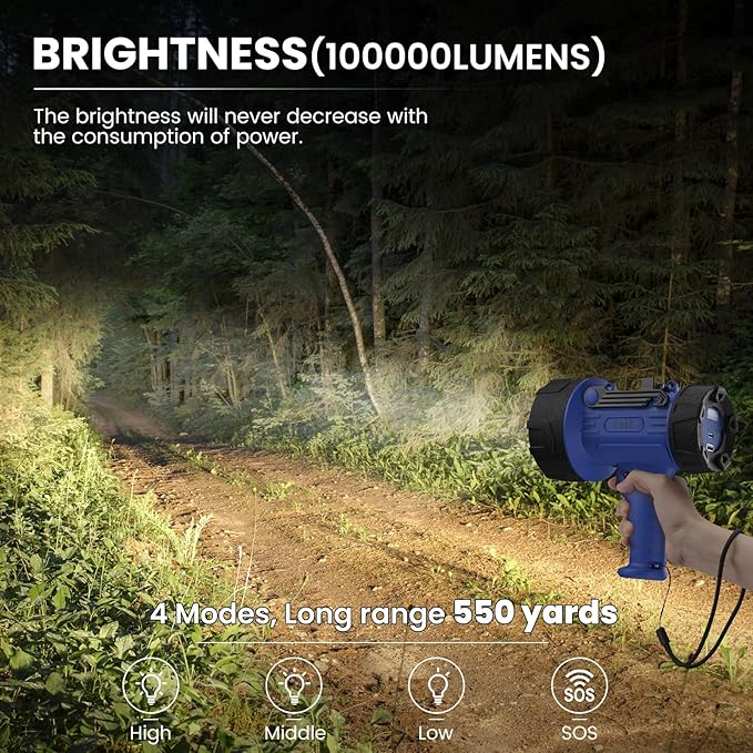 Rechargeable Spotlight, Handheld Spotlight with COB Light Source, IPX6 Waterproof &100000 Lumen LED, 10000mAh 20 Hour StandbyImpact Resistant Handheld Spotlight(Champagne)