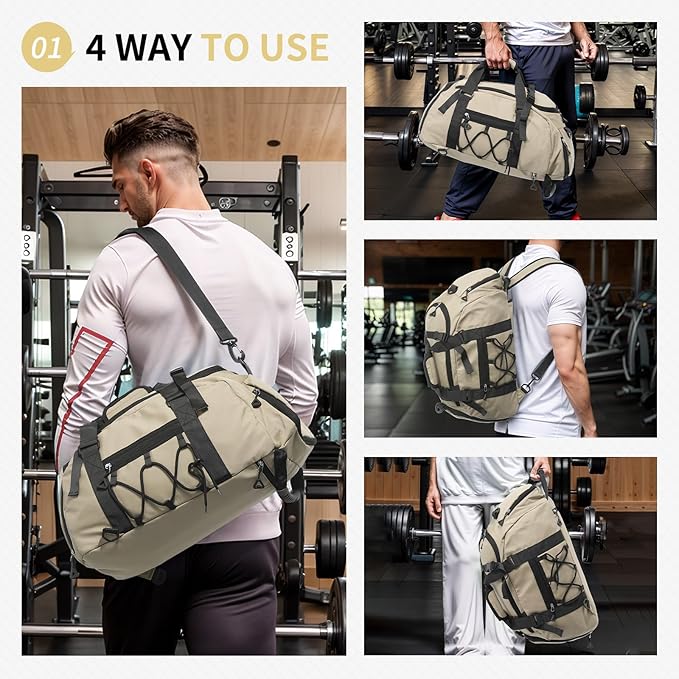 Unisex Travel Duffle Bag for Men Women, Waterproof Gym Bag with Shoe Compartment & Football Compartment, 32L Carry on Bag for Sports & Fitness, Khaki
