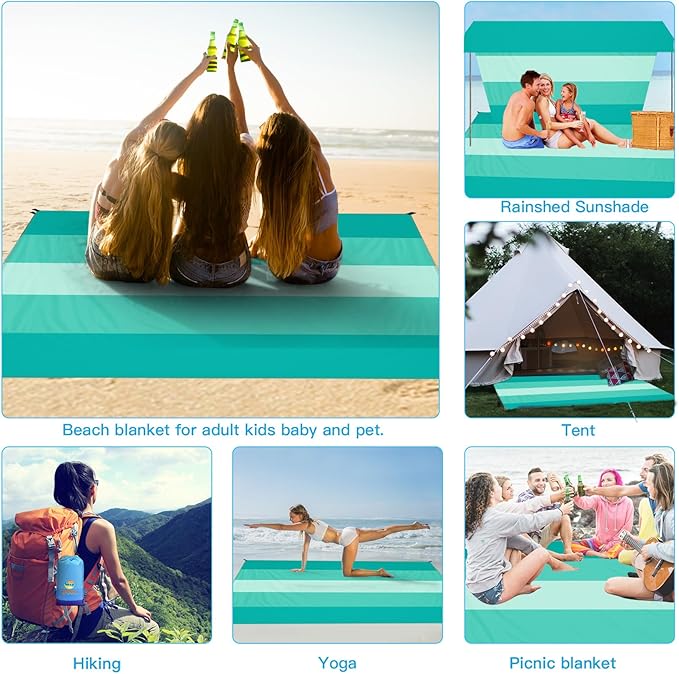 BYDOLL Beach Blanket Waterproof Sandproof 78''×81'' 1-7 Adults Oversized Lightweight Large Picnic Mat Waterproof Sandproof Blanket for Beach