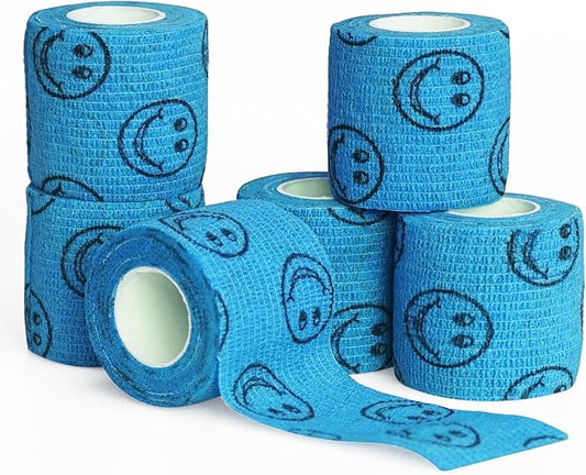 Cohesive Bandage First Aid Tape - Self Adherent Wrap Adhesive Bandages - Colorful Bandages (Blue Smile, 2-Inch)