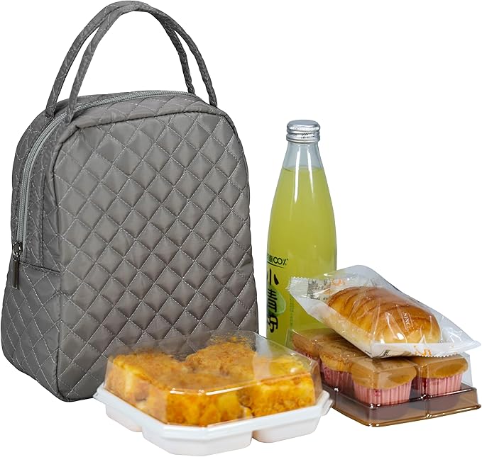 Machine Washable Women Quilted Fabric Insulated Reusable Cooler Lunch Bag Tote Adult Thermal Lunch Box Storage Bag for Work (Grey)