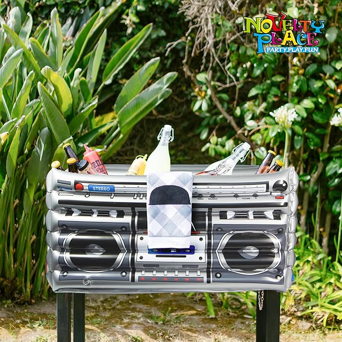 Novelty Place Inflatable Boombox Cooler - Large Capacity Ice Bucket Drink Cooler Blow Up Stereo Decoration for 80s 90s Themed Retro Party, Outdoor Gathering, Pool Celebration, and BBQ