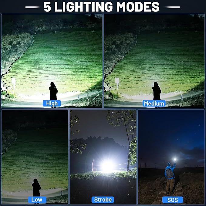 Rechargeable 900,000 High Lumens Flashlights, Super Bright LED Flash Light as Powerbank with 5 Light Modes & IPX6 Waterproof, 5000mAh,12 Hours Long Life for Home, Camping, Outdoor