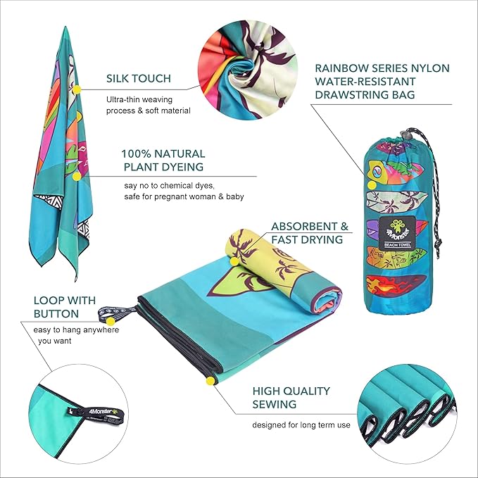 4Monster Microfiber Beach Towel Quick Dry,Super Absorbent Lightweight Travel Towel for Swimmers, Sand Free Camping Towel, Beach Towels for Pool, Swim, Water Sports,Yoga,Gym,Backpacking
