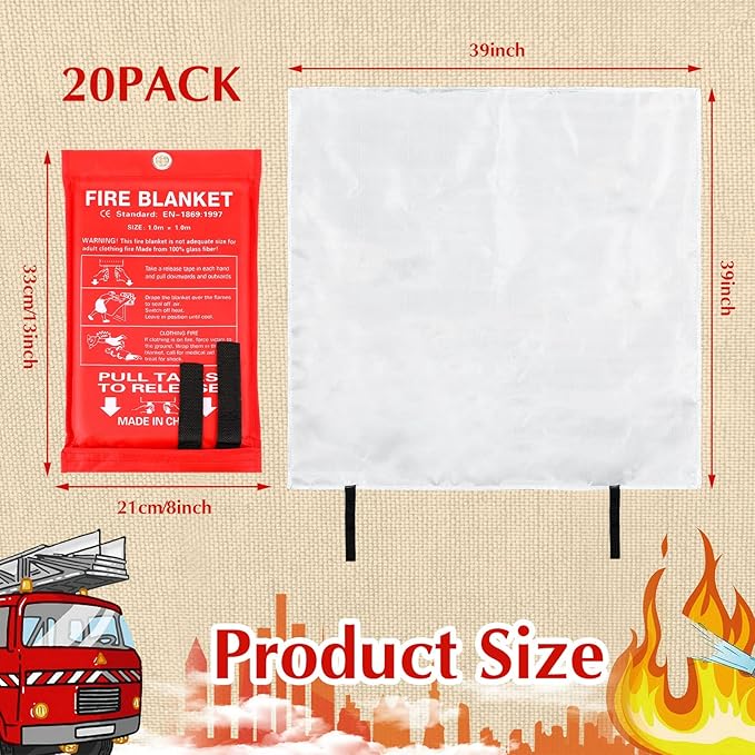 Macarrie 20 Pack 39” x 39” Fire Blanket Emergency Fire Blanket for Home and Kitchen Suppression Blanket Safety Fiberglass Fireproof Blanket Survival for Fireplace Car Office Camping (Red)