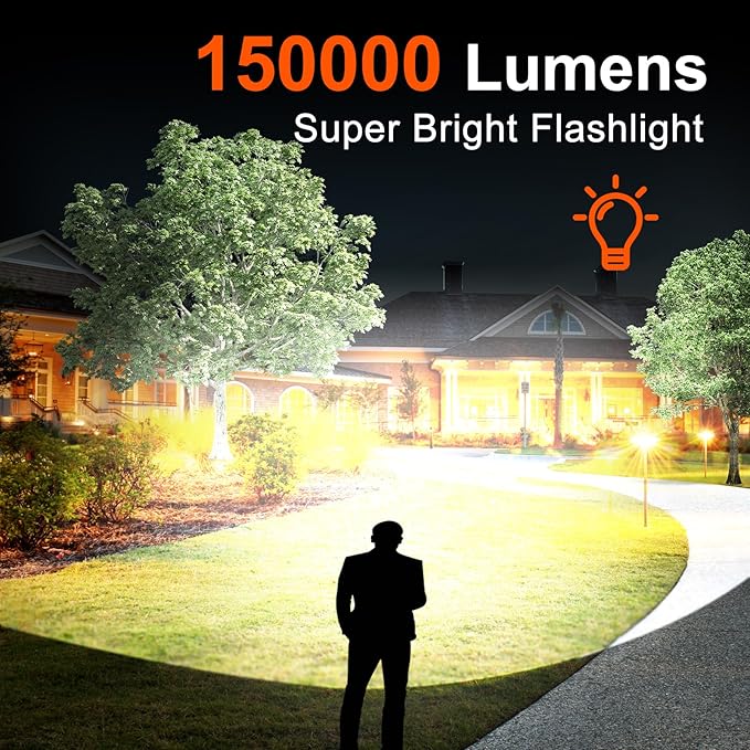 Rechargeable Flashlights, High Lumen Super Bright 150000 Lumens, LED Flashlight with 5 Modes, IP55 Waterproof, Powerful Handheld Flashlight for Camping, Hiking, Emergency