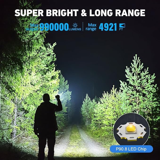 Flashlights High Lumens Rechargeable, 990,000 Lumen LED Super Bright Flashlight with 7 Light Modes, IPX6 Waterproof, Powerful Handheld Flash Light for Home Camping Emergencies (Black)