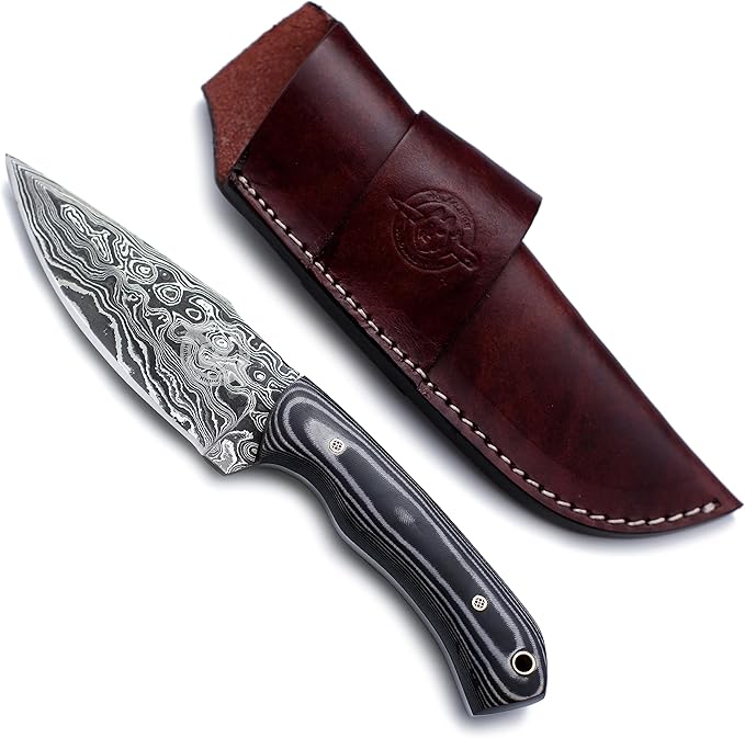 Handmade Damascus Steel Knife Bowie for Hunting,Survival,Camping,Bushcraft,and Fishing Fixed Blade with Drop Point Full Tang Micarta Handle, Leather Sheath - WKD-782