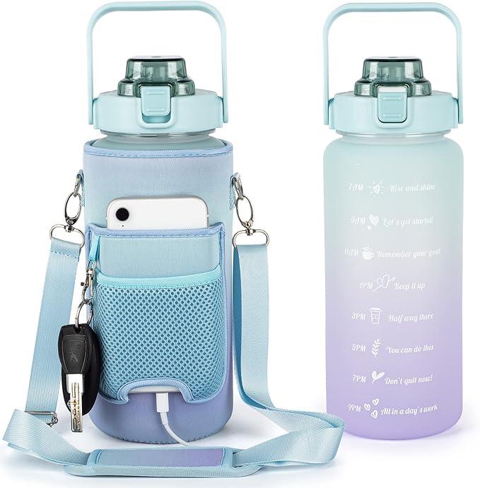 64oz Half Gallon Water Bottle With Sleeve, Water Bottles with Time Marker/Straw/Chug One Lids, Leakproof Tritan BPA Free Reusable Water Jug Easy Carry for Adult and Kids Gym Sports Outdoors