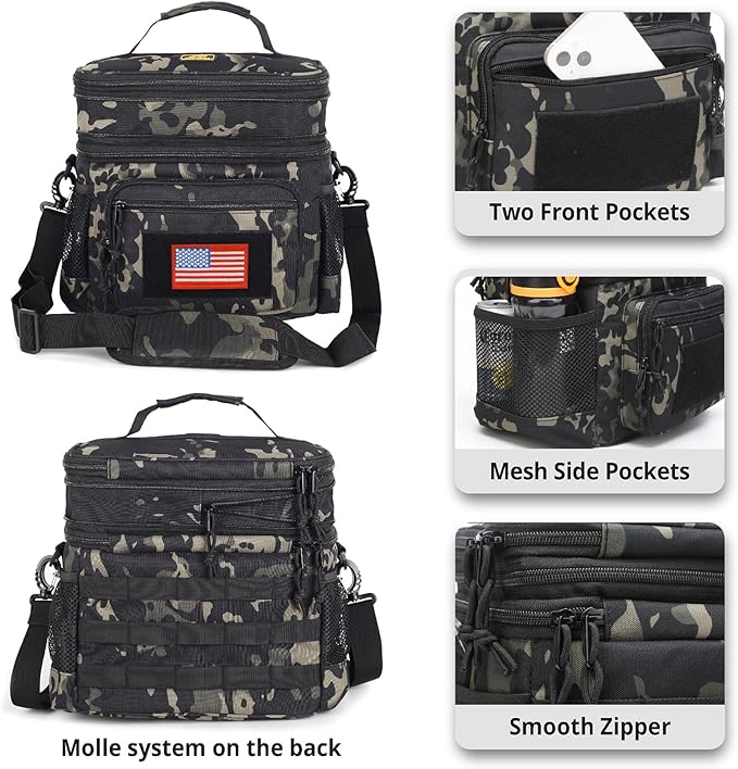ATRIPACK Lunch Bag for Men, Double Deck Tactical Lunch Box Work with Shoulder Strap MOLLE Webbing Large Lunch Cooler Leakproof Insulated (Camo-Black)