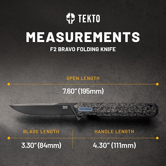 F2 Bravo Folding Pocket Knife - D2 Steel Blade, Ceramic Ball Bearings - EDC - Snap, Swift Flip for Camping, Backpacking - 2.4oz (68g), Forged Carbon Handle, Blue Titanium Accents