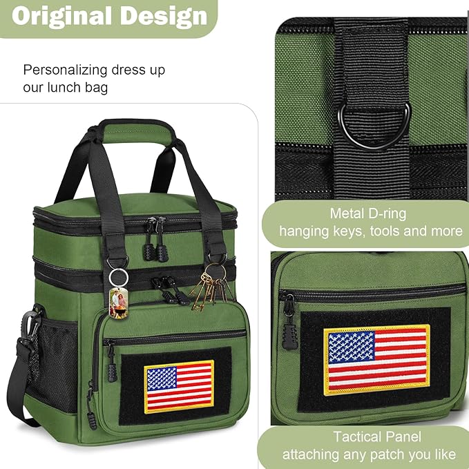 Double Deck Insulated Lunch Box, Expandable Large Lunch Bag Leakproof Cooler Bag Lunch Pail for Men Women Adults Work Shifts Travel Daytrip,16L,Army Green