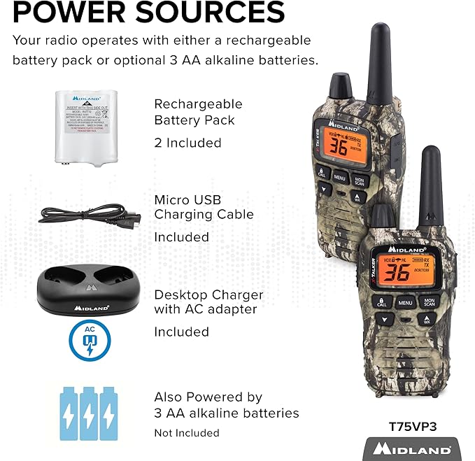 Midland® - T75VP3 - 36 Channel FRS Two-Way Radio - Long Range Walkie Talkie, 121 Privacy Codes, & NOAA Weather Scan + Alert - Mossy Oak Camo - Set of 2