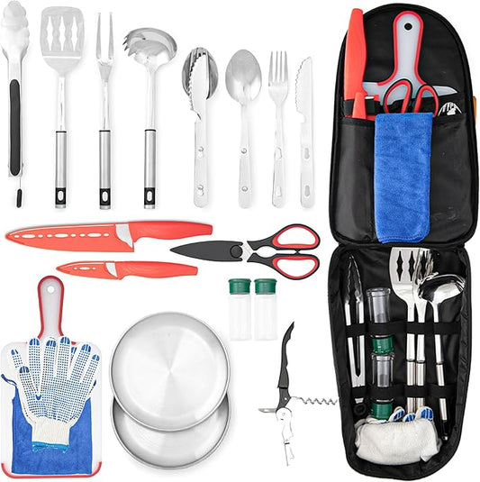 Camping Utensils Set, 21pcs Camp Cooking Kit with BBQ Tools, Knife Set & Spice Kit – Heat-Resistant Cutting Board, Dishwasher-Safe Cutlery for Outdoor, Hiking, Backpacking