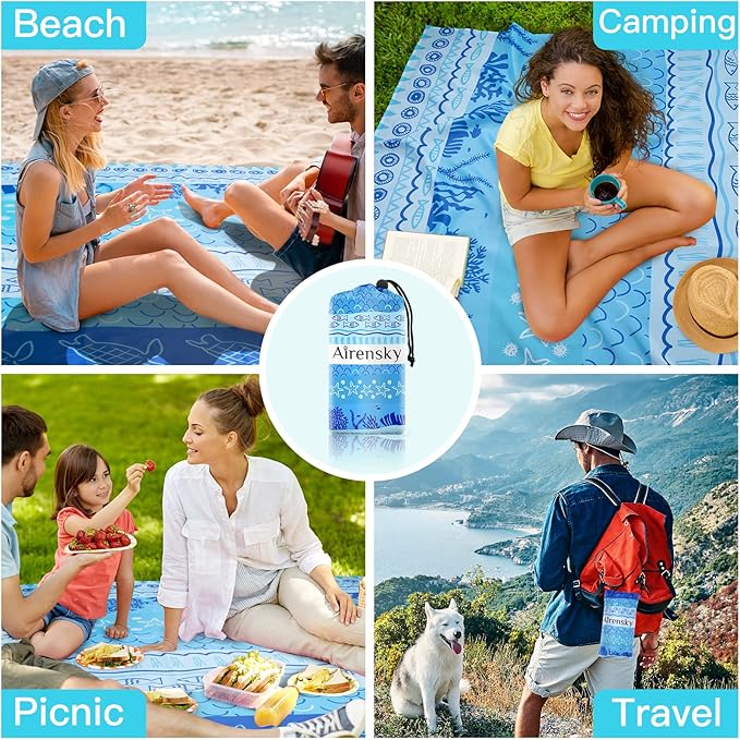 Airensky Beach Blanket, Sandproof Beach Mat 79" X 82" for 4-7 Adults, Large Waterproof Beach Blanket Quick Drying Lightweight Beach Blanket with 4 Stakes for Travel Camping Hiking(Blue Sea World)