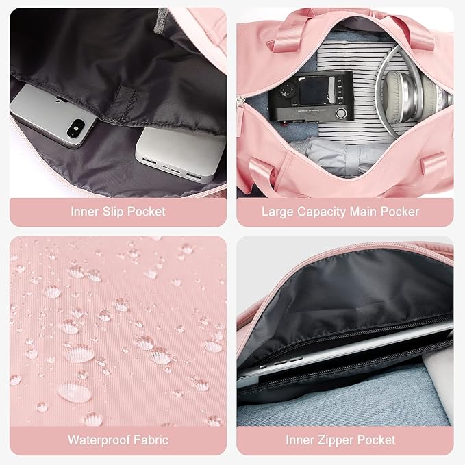 Pink Gym Bag for Women & Men with Wet & Shoe Compartment, Small Duffle Bag for Travel, Sport, Gym, Workout, Overnight, Weekender, Carry-on