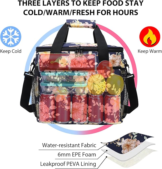 MIER 18L Large Soft Cooler Insulated Picnic Bag for Grocery, Camping, Car, Navy with Flower