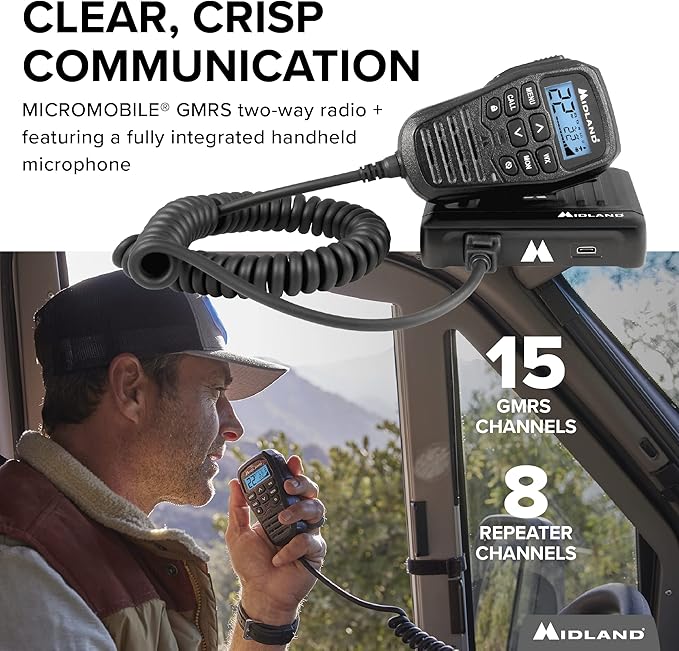Midland – MXT275 MicroMobile® GMRS Radio – 15 watts Two-Way Radio with Integrated Control Microphone – Overland Caravanning Tractors – Detachable External Magnetic Mount Antenna - 8 Repeater Channels