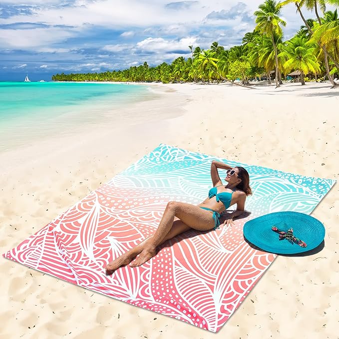 Beach Blanket Waterproof Sandproof Beach Mat 79βx 83β for 1-4 Adults Quick Drying Durable Outdoor Picnic Mat for Beach Festival Travel Camping Hiking (Gradiant P&GN-Ripple, 79"Γ83"(4 Person))