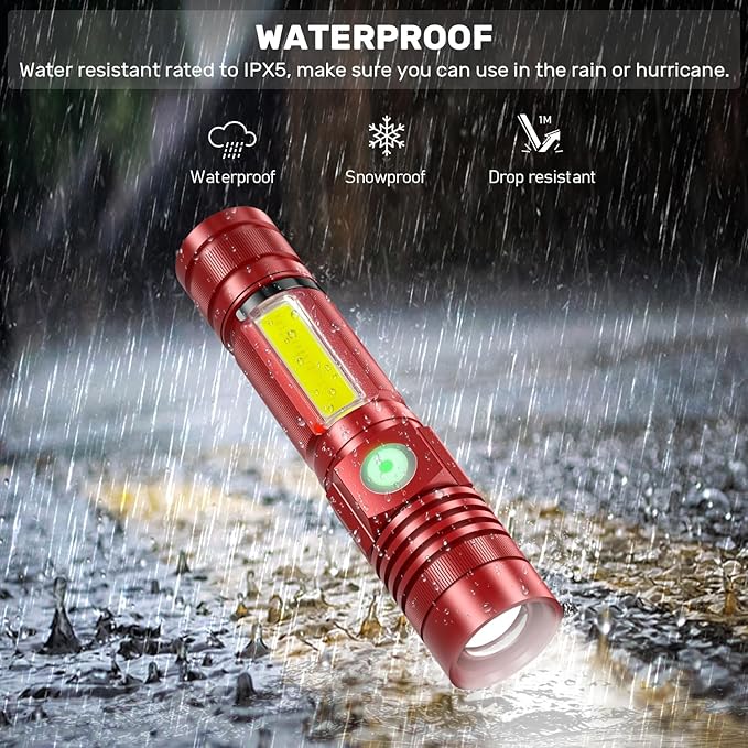 Rechargeable LED Flashlights, Magnetic Flashlight Super Bright Tactical Flashlight with SideLight,USB Rechargeable,Zoomable,Waterproof Best Small Flashlight for Camping, Emergency Red