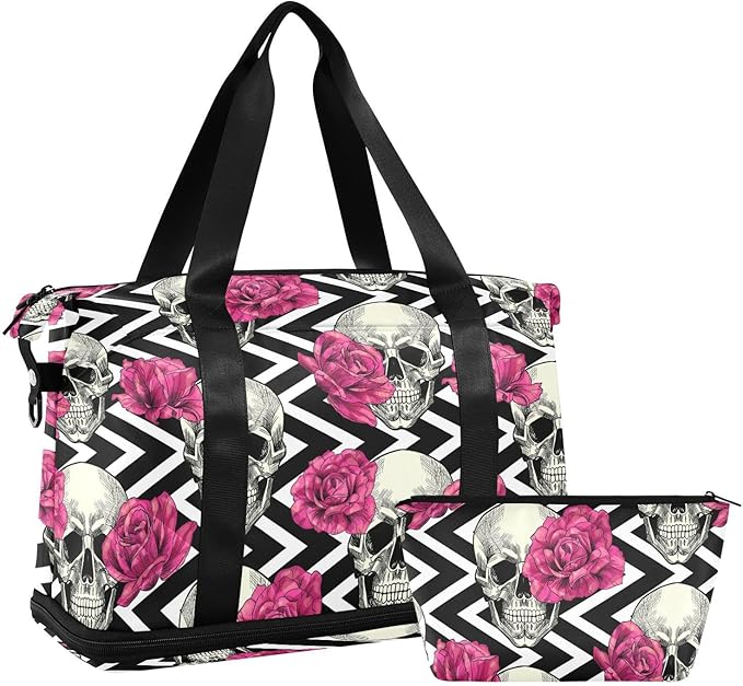 Skull Weekender Gym Bag for Women - Red Flowers Sports Duffle Travel Tote with Toiletry Bag, Shoes Compartment & Dry/Wet Separation