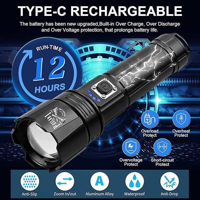 Flashlights LED High Lumens Rechargeable,Brightest 950000 lumens Flash Light, High Power Tactical Flashlight,Handheld Waterproof Flashlights for Emergency Camping Gift