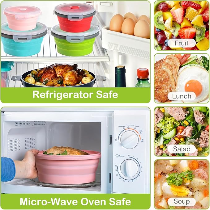 4 Set Camping Bowl with Lid Collapsible Silicone Bowl with Foldable Stainless Steel Fork Salad Bowl Portable Folding Fork Set for Travel Picnic Camping Utensils
