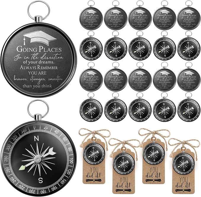 Coume 36 Set 2025 Inspirational Graduation Gifts Engraved Compass for Middle Senior College Graduate Student Compass with You Did It Diploma Sign Tag Gift for Travel Grad Souvenir Favor (Black)