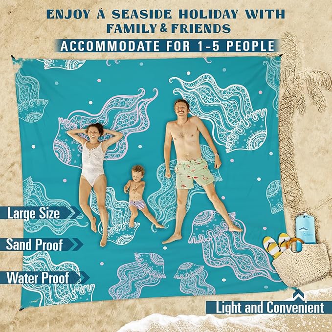 Beach Blanket Sandproof Waterproof 78''×81''1-5 Adults Oversized,Compact Lightweight Durable Beach Mat for Travel Camping Hiking Picnic Blanket