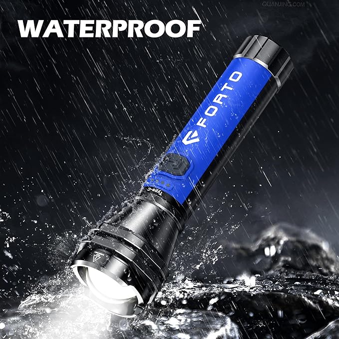 FORTO Flashlight 100000 High Lumens,Super Bright LED Rechargeable Flashlight,Zoomable,Waterproof,4 Modes Flash Light with Side Lights,Handheld Flashlights for Camping,Hiking,Emergency,Home,Blue