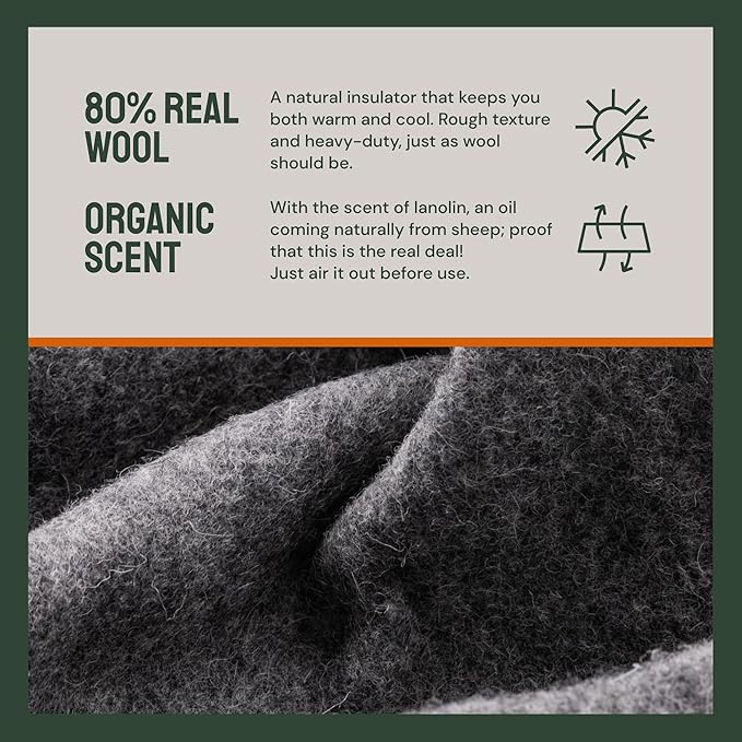 Woolly Mammoth Woolen Co. | Extra Large Merino Wool Camp Blanket | Perfect Outdoor Gear | Bedroll for Bushcraft, Camping, Trekking, Hiking, Survival, or Throw Blanket at the Cabin (Gray), 66" x 90"