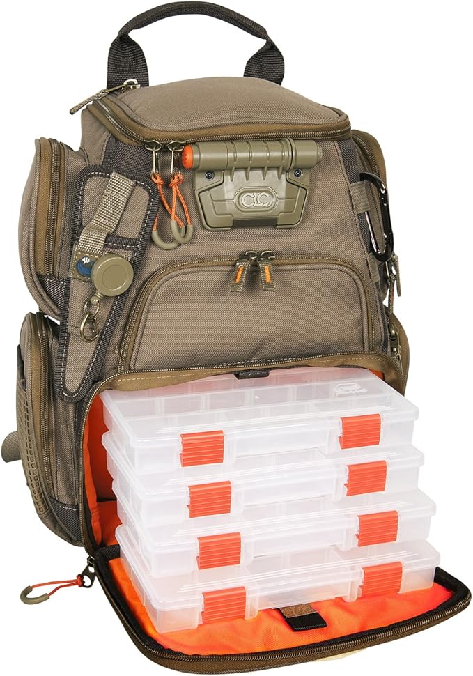 Wild River by CLC WT3503 Tackle Tek Recon Lighted Compact Tackle Backpack & Four PT3500 Trays, Clear, Water-Resistant Phone Storage,Beige , 12.75 x 6.75 x 15 "