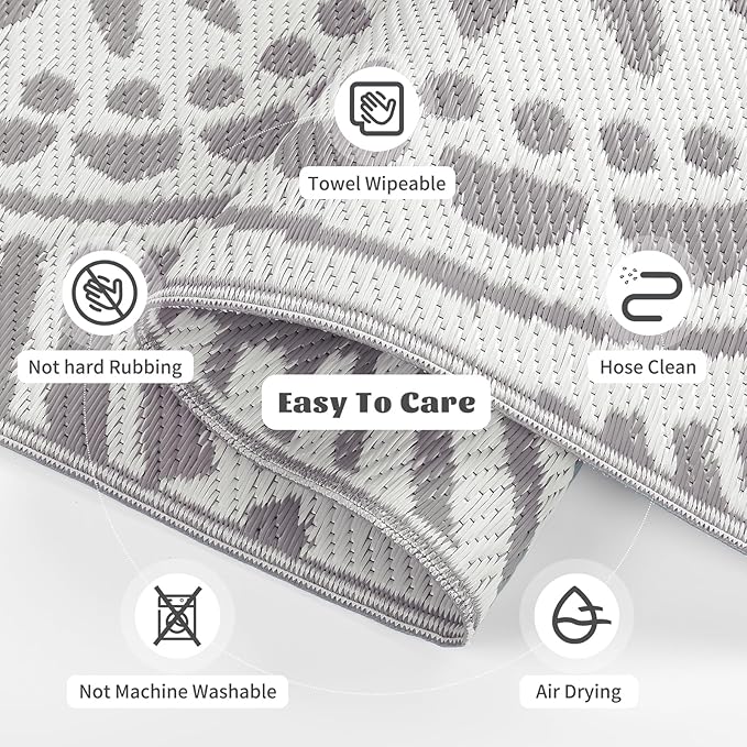 Ileading Large Plastic Outdoor Rug 9x12ft Modern Geometric Style Reversible Patio Area Rugs Waterproof Non Shedding Portable Carpets for Rv Outside Deck Pool Beach Picnic Camping (Grey)