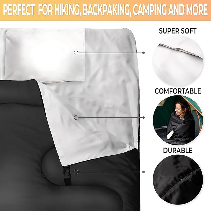 Zone Tech Double Camping Sleeping Bag with 2 Pillows – 3-4 Season Lightweight Waterproof Warm & Cool Weather Adult & Kids Sleeping Bag Converts into 2 Single -Camping, Hiking, & Outdoors