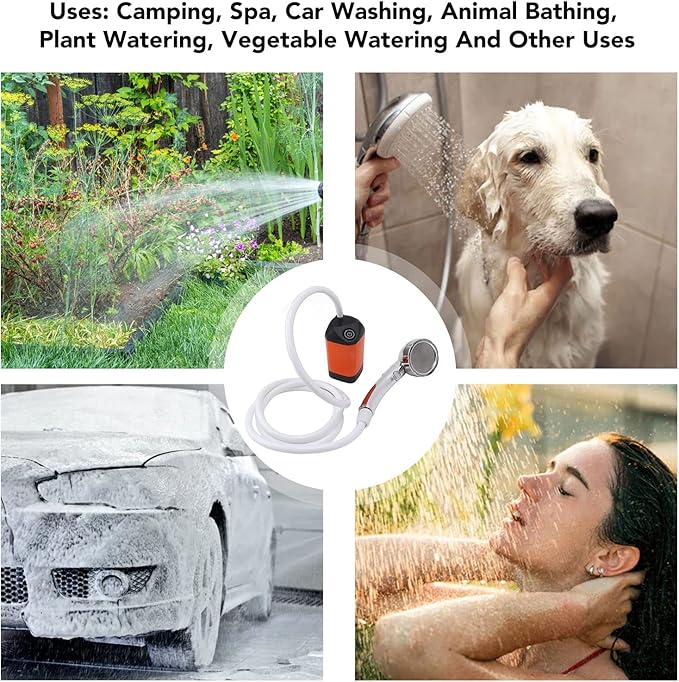 Haofy Portable Camping Shower, 3 Gears Electric Camp Shower with Rechargeable Outdoor Shower Pump and Shower Head (Orange)
