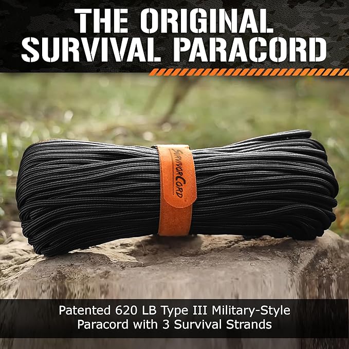 TITAN Survival Patented Paracord 550 - 25ft, 100ft, 500ft & Color Options - 620LB Strength Survival Paracord Military Spec with 3 Strands - Heavy Duty Hank Cord for Camping & Outdoors with Firestarter