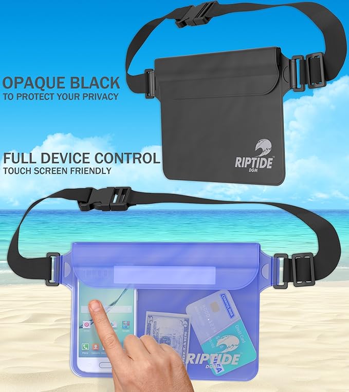 riptide Waterproof Fanny Pack Pouch (2 Pack) for Men & Women Dry Bag Water Resistant with Adjustable Waist Strap - Protects Valuables at Water Sports (Black/Transparrent & Sheer Pink)