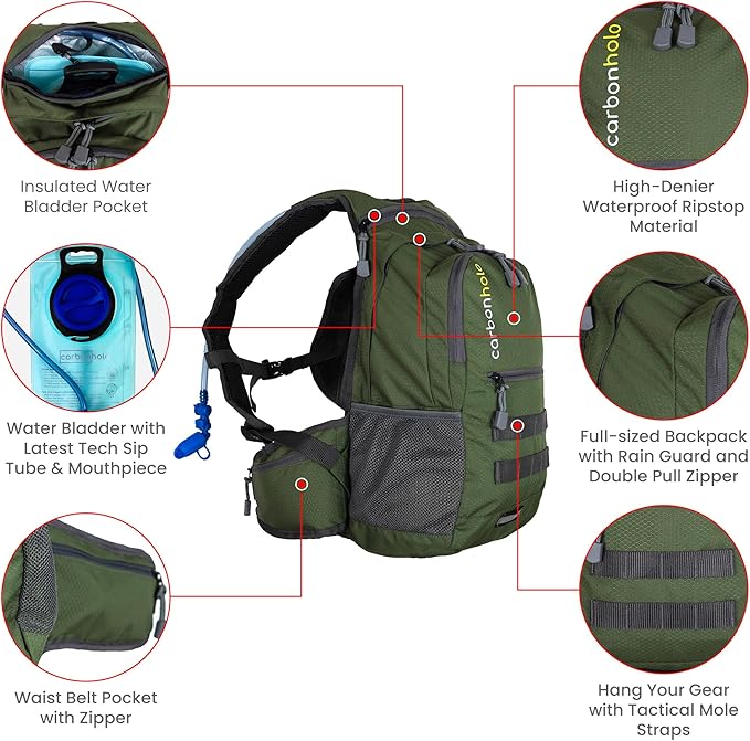 Hydration Backpack Daypack | Hiking Biking | Water Bladder Included | Insulated Pocket | Lightweight | Adjustable