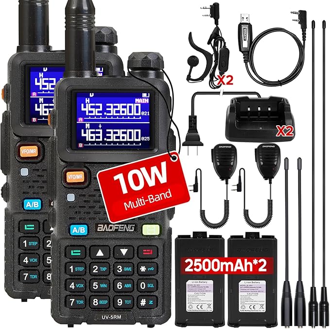 BAOFENG UV-5RM 10W Handheld Ham Radio Long Range, Portable Gmrs Radios with 2500mAh Type-C Charging Battery, Rechargeable 5RM Multi-Band Two Way Radio for Adults(2 Pack)